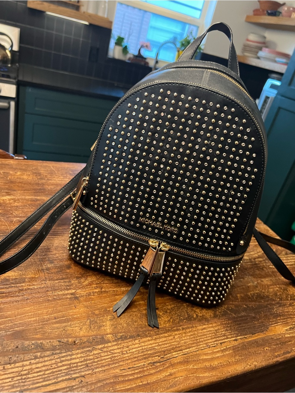 Michael Kors Black Studded Leather Mini Backpack with Gold Hardware